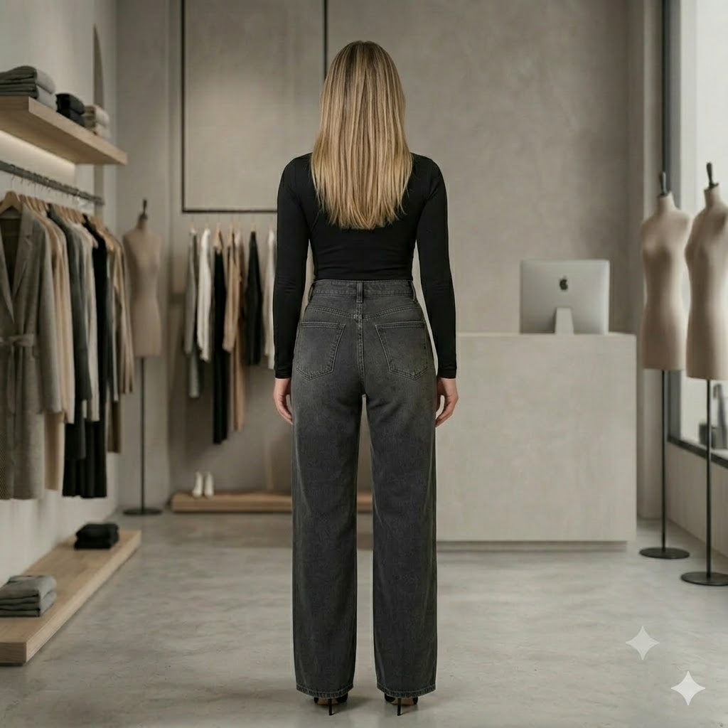 Jeans da Donna a Vita Alta con Strass e Perline, Gamba Svasata, Elasticizzati